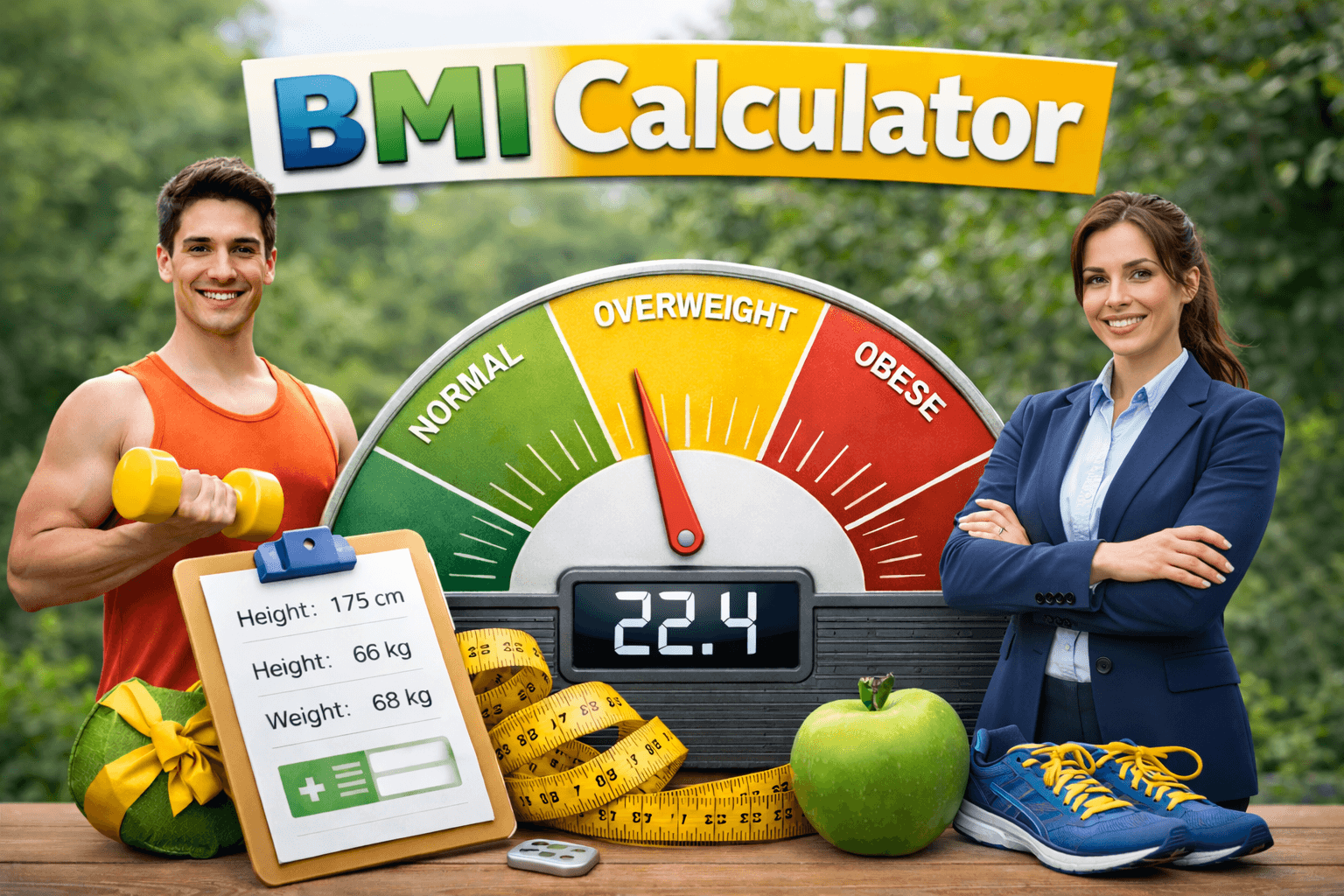 BMI calculator guide visual with healthy lifestyle theme and BMI meter